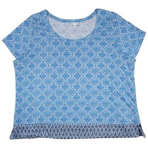 J Jill Love Linen T Shirt Womens Plus 3X Blue Ornamental Print Short Sleeve‎ Tee